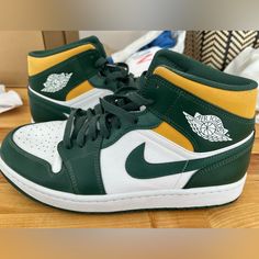 Air Jordan 1 Mid Sonics Green White Yellow, Only Worn Once. Had Been In Storage, Just Need A Good Dusting Off And Practically Brand New. Green High-top Synthetic Jordan Shoes, Green Low-top Jordan Shoes, Green Jordan Shoes With Laces And Round Toe, Green Jordan Shoes With Round Toe And Laces, Green High-top Jordan Shoes With Laces, Green Casual Jordan Shoes With Cushioned Footbed, Casual Green Jordan Shoes With Cushioned Footbed, Casual Nike Jordan Shoes In Green, Sporty Green Nike Jordan Shoes