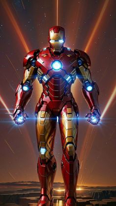 an iron man standing in front of the sky with his hands on his hips and glowing eyes