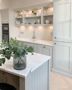 a kitchen with white cabinets and green plants in a vase on the island countertop