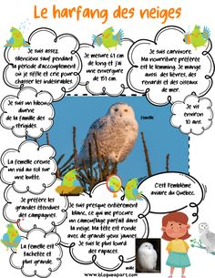 an owl sitting on top of a tree branch next to a thought bubble with the words le harfang des vegies