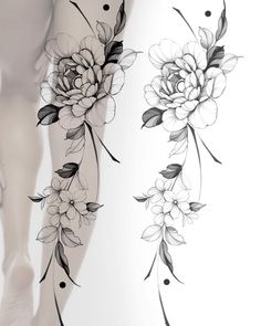 Intricate Lace Designs2 Black and white floral tattoo design on leg, featuring detailed peony flowers and leaves. | Sky Rye Design