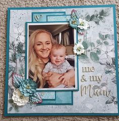 a mother's day card with a baby and flowers on the front, in blue