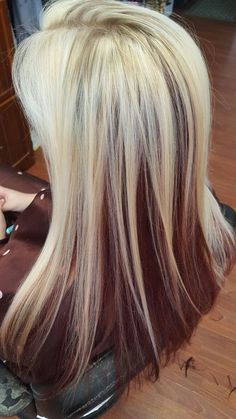 Dark Red Underneath Hair Blonde, Top Layer Of Hair Dyed Blonde, Long Brown Hair With Layers And Blonde Highlights, Top Of Hair Dyed, Easy Dyed Hair Ideas, Dark Brown Hair Underneath Blonde On Top, Blonde Top Layer Dark Underneath, Black Hair With Red And Blonde, Red And Blonde Streaks