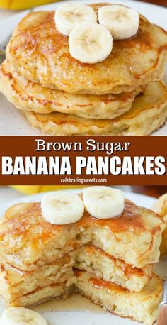 brown sugar banana pancakes are stacked on top of each other and topped with sliced bananas