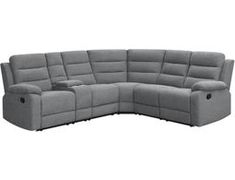 the reclining sectional sofa is shown with two seats and one arm rests on it's back