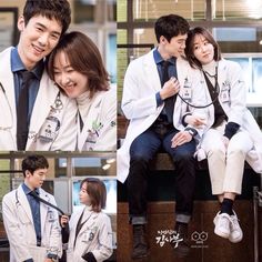 two people sitting on a bench and one is hugging the other while wearing white lab coats