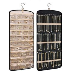 two black and white racks with jewelry hanging from it's sides next to each other