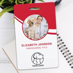 a dog id card with a photo of a man and his dog on it next to a notepad