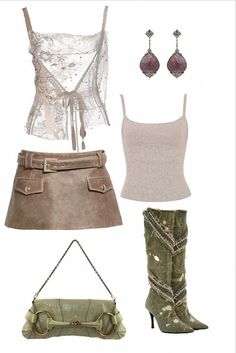 a woman's outfit and accessories including boots, handbag, purse, bra