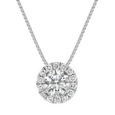 Fourteen sparkling round pavé-set diamonds  at approximately .35 carat total weight  serve as the perfect backdrop to the center stone of your choice at approximately .84 carat in this dazzling 14 karat white gold halo pendant. The design hangs from an 18-inch matching box chain. For more information on selecting your center stone  Live Chat or call an online customer service representative at 1-866-467-4263  or visit one of our store locations. Luxury Diamond Halo Necklace, Luxury Halo Design Diamond Necklace As Gift, Luxury Halo Engagement Necklace, Luxury Platinum Diamond Necklace With Halo Setting, Dazzling Solitaire Necklace With Round Pendant And Halo Setting, Dazzling Round Pendant Solitaire Necklace With Halo Setting, Dazzling Solitaire Necklace With Halo Setting, Sterling Silver Diamond White Necklace With Halo Design, White Gold Diamond Pendant With Halo Setting