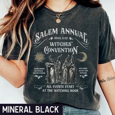 Halloween Shirt, Salem Witch Convention Tshirt, Vintage Halloween Shirt Witch T Shirts, Witch Shirts For Women, Black Halloween T-shirt With Text Print, Halloween Cotton T-shirt With Text Print, Black Soft-washed Short Sleeve Shirt, Halloween Graphic Print Relaxed Fit T-shirt, Grunge T-shirt For Fall Fan Merchandise, Halloween Black T-shirt With Text Print, Halloween Fan Merchandise T-shirt With Relaxed Fit