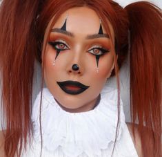 Puppet Make Up Halloween, Helowen Make-up, Clown Faces Makeup, Orange And Black Clown Makeup, Clown Makeup Simple Cute, Clown Pigtails, Egirl Clown Makeup, Halloween Clown Makeup Ideas, Women Clown Makeup