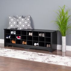 a black shoe rack sitting on top of a wooden floor next to a potted plant