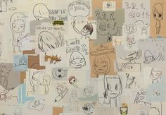 a collage of cartoon faces and words on paper with stickers all over them