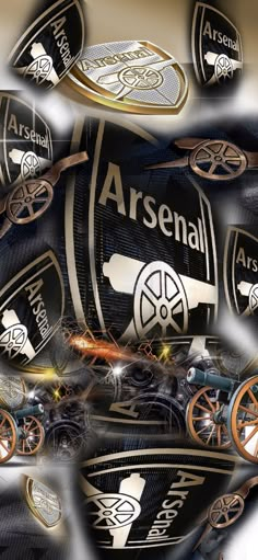 an abstract image of the emblems and wheels of several different sports teams on a black background