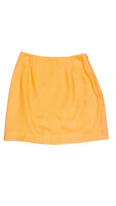 Shaped waist, hidden side seam zipper, unlined, non stretch. No fiber content tag. Matching tank top available. Waist: 13" Hip: 18.5" Length: 16.5" Hem: 20" Orange Stretch Skort For Spring, Stretch Orange Skort For Spring, Spring Orange Stretch Skort, Fitted Orange Mini Skirt For Spring, Orange Stretch Skort For Summer, Orange Fitted Mini Skirt, Summer Stretch Orange Skort, Fitted Orange Mini Skirt, Orange Lined Mini Skirt For Summer