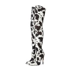 Women's Cow Print Stiletto Heel Thigh High Boots for | Up2Step Fitted Summer Boots With Pointed Toe, Trendy Fitted Heeled Boots For Summer, White Fitted High Heel Boots, Fitted White High Heel Boots, Trendy Fitted Summer Heeled Boots, Fitted White High Heeled Boots, Over The Knee Boots For Spring, Trendy Fitted High Heel Boots, Fitted Over-the-knee Spring Boots