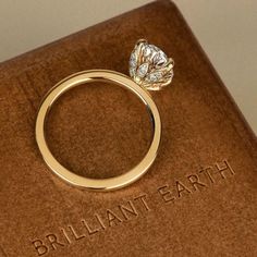 an engagement ring sitting on top of a book with the word brilliant earth written in gold