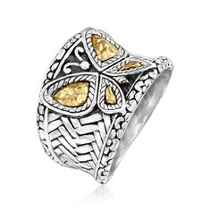 Ross-Simons - Sterling Silver and 18kt Yellow Gold Bali-Style Butterfly Ring Size 5. Transform your style with a meaningful sentiment. Steeped in decorative Bali-style details, this oxidized sterling silver butterfly ring features 18kt yellow gold accents that create a chic two-tone effect. Textured, polished and hammered finishes. 5/8" wide. 18kt yellow gold and sterling silver Bali-style butterfly ring. Gold Bali, Silver Butterfly Ring, Bali Style, Bali Fashion, Butterfly Ring, Silver Butterfly, Oxidized Sterling Silver, Ring Size 7, Gold Accents