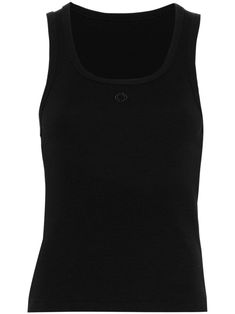 black stretch-cotton ribbed knit embroidered logo round neck sleeveless straight hem Round Logo, Ribbed Tank Top, Airport Fashion, Ribbed Tank Tops, Ribbed Tank, Outfit Inspo Fall, Black Tank, Black Stretch, Fall Outfit