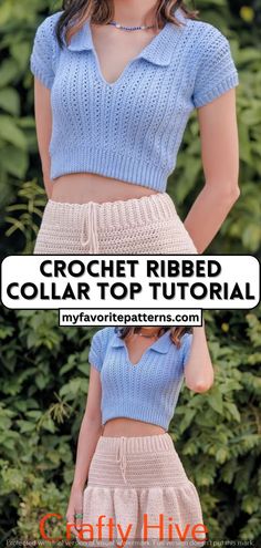 Breezy Beauty: Crochet Crop Top for Effortless Summer Style Ribbed Collar Top, Crochet Shirt Free Pattern, Crochet Shirt Pattern, Crochet Tee, Crochet Tank Tops, Clothes Tutorial, Quick Crochet Patterns, Crochet T Shirts, Crochet Tops Free Patterns