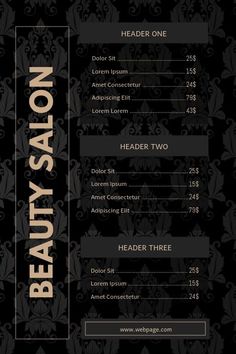 the beauty salon menu is shown in black and gold colors, with an ornate design