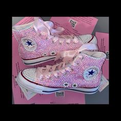 Welcome, Luminous Pink Opal Crystal & White Crystal Converse, Strong And Permanent Design With Luxe Crystals And Additional Ribbons Laces, Hightop Converse New With Box Comes With White Ribbon Laces And Original Laces Women’s Sizes In Usa Sizing Choose Any Colour(S) Stones From The Chart Add To Bundle To Discuss Colour Changes Or Mixes Will Be Sent With Baby Pink Ribbon Laces Unless Any Changes Are Made Text Can Be Added Style Pictured; Original High Top Converse Red\Blue Stripe Styles Available Pink Bling Converse, Decorated Converse, Sweet 16 Shoes, Bedazzled Converse, Womens White Converse, Rhinestone Converse, Pink Opal Crystal, Bedazzled Shoes Diy, Converse All Star White