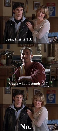 two people standing next to each other in front of a tv screen with the caption jesus, this is tj guess what it stands for? no