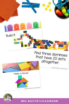 three different types of building blocks with the words build it on them and some other items