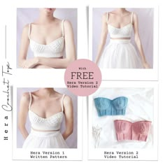 four different pictures of bras with the text free crochet pattern below them