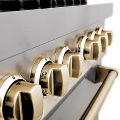 the knobs and handles on an oven door are all polished brass or stainless steel