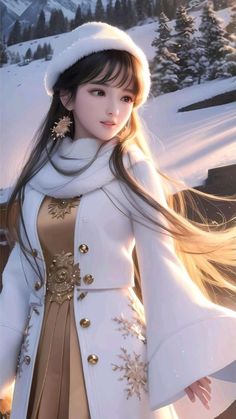 a woman with long hair wearing a white coat and gold trimmings in the snow