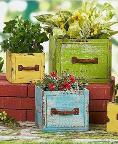 four different colored boxes with flowers in them