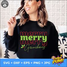 a woman wearing a merry christmas sweatshirt with the words grandma on it in green and red