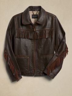 Saguaro Fringe Leather Jacket | Banana Republic Luxury Vintage Leather Jacket With Pockets, Understated Leather Brand, Leather Cowboy Jacket, Cowgirl Leather Jacket, Collared Leather Jacket, Cool Leather Jackets, Fringe Clothes, Cowboy Leather Jacket, Brown Fringe Jacket