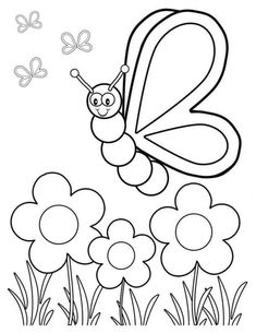 a cartoon butterfly flying over flowers with butterflies in the sky behind it, coloring pages for kids