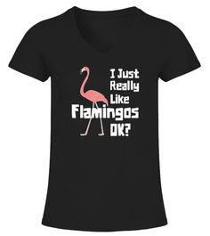 a women's black v - neck shirt that says i just really like flamingos ok?