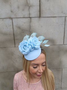 This is perfect for special occasions.  Featuring statement flower and feather detailing. Available on a thin headband (pictured) or can be customised on clips or hat elastic on request Made in the UK  Brand new. The base measures 13cm in diameter. Many more items like this are available in our shop! Made in the UK - Blue Rose Flower, Light Blue Roses, Hat Fascinator, Pale Aqua, Feather Hat, Uk Brands, Duck Egg, Blue Rose, Ladies Day