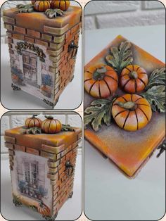 four pictures of pumpkins in a brick box