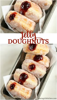 jelly doughnuts in a box with the words jelly doughnuts above them