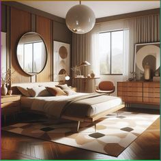 a bedroom with a bed, dressers and mirror in it's center area