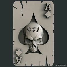 a white skull with arrows on its face in front of a card that says ace