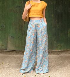 Floral wide leg linen pants for women, comfy, lovely - summer essential! STYLE DETAILS - Wide leg, leg opening width of 12.9''/33 cm - High waisted - Pleated, no elastic band - Clouser with zipper on the side - Seamed side pockets - Pants inseam 30''/77 cm and pants outseam 41''/106 cm - size S - for our lovely Jenny model 5ft5/169cm tall. - Extremely comfortable and stylish - Custom pants, we offer free customizations; simply let us know your unique needs (different hem length, fit style, leg o Loosely Fitted Flax Wide Leg Pants For Summer, Summer Flax Wide Leg Pants, Bohemian Linen Pants For Summer, Summer Linen Wide Leg Harem Pants, Summer Wide Leg Flax Colored Pants, Summer Pants With Loosely Fitted Hips In Flax Color, Summer Linen Harem Pants, Summer Linen Harem Pants Straight Cut, Bohemian Linen Wide Leg Pants