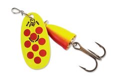 a yellow fishing lure with red dots on it