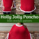 a woman wearing a red poncho standing in front of a brick wall with the words holly jolly poncho written on it