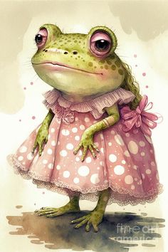 a frog in a pink dress with polka dots