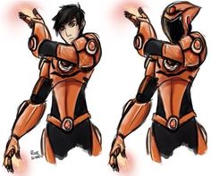 two different views of a person in an orange and black outfit, one with arms outstretched