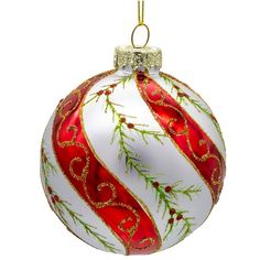 a red and white christmas ornament hanging from a gold chain