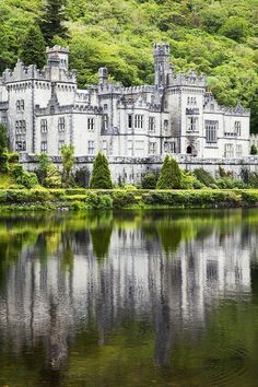 an old castle sitting on top of a lush green hillside next to a lake in front of a forest