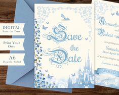 a wedding card with the words save the date on it and a castle in the background